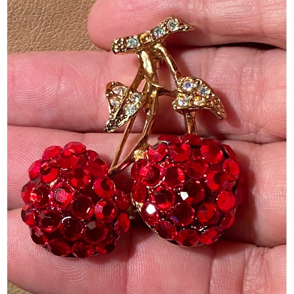 Vintage Cherries Signed Suzanne Bjontegard Double Cherry Rhinestones Brooch 1.5"